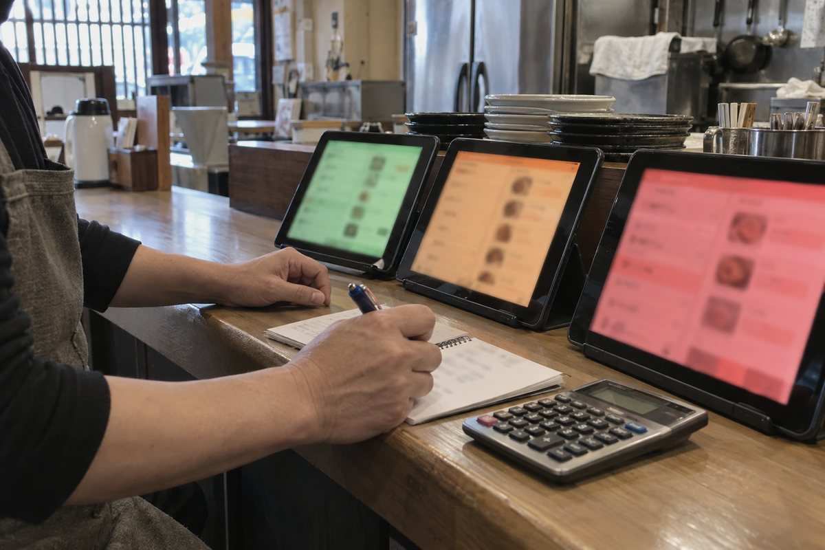 注文用のタブレット3台を見比べながら、電卓とメモで計算する店主の手元