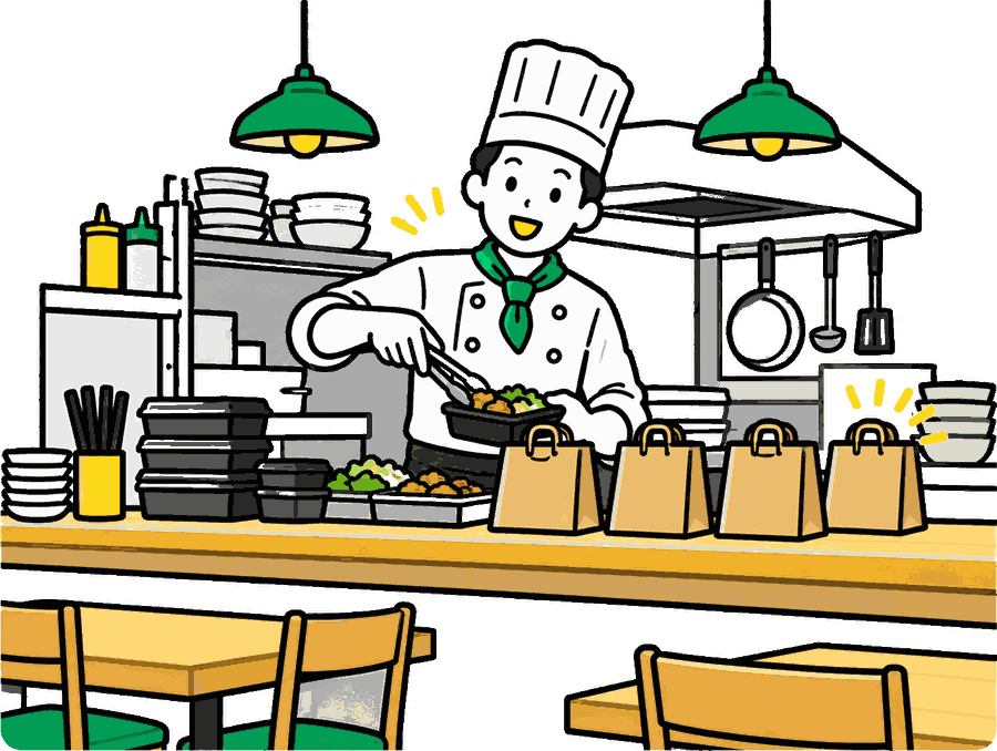 厨房から持ち帰り用の袋が次々に出ていくイラスト