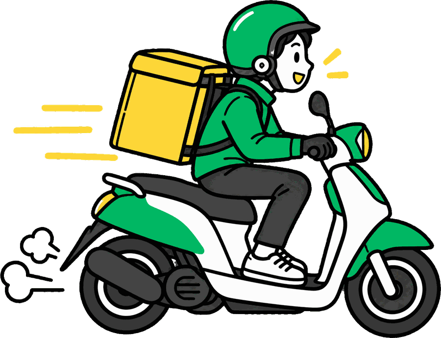 保温バッグを背負ってスクーターで走る配達員のイラスト
