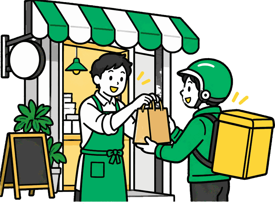 店員が配達員に料理の袋を手渡すイラスト