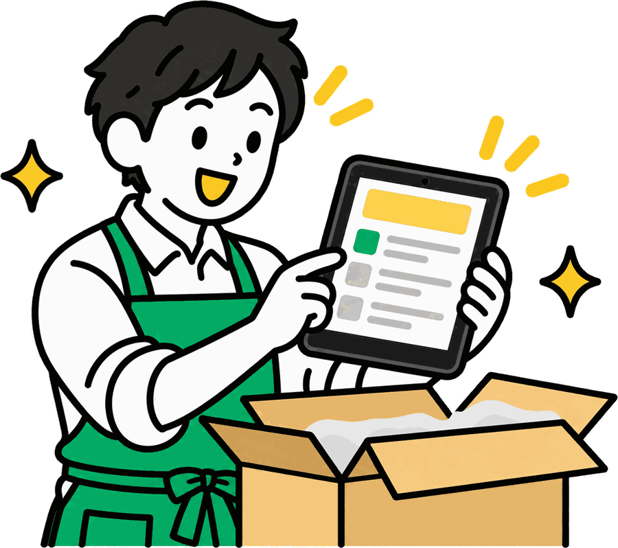 届いた箱から注文用のタブレットを取り出す店主のイラスト
