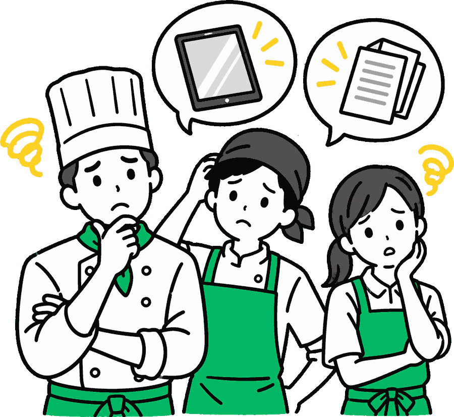 腕を組んで悩む飲食店のスタッフ3人のイラスト