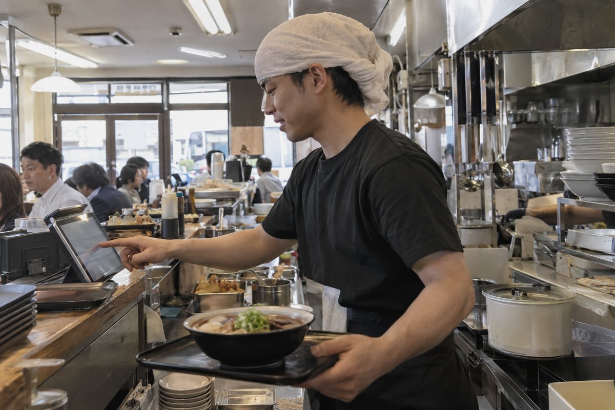 昼の営業中、注文用のタブレットを操作しながら料理を運ぶ店主